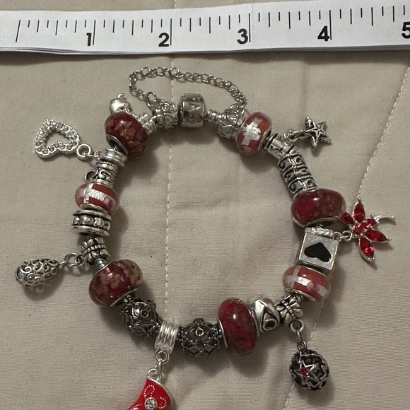 Handmade-NWOT-925 SS plated charm bracelet. Red lamp work beads variety charms - Picture 3 of 12
